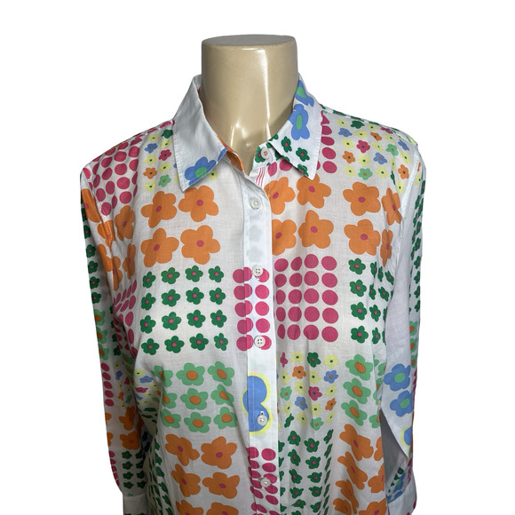Talbots Shirt Womens Medium White Multicolor Floral Dot Button Down Long Sleeve - Picture 1 of 12
